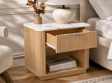 Set of 2 Modern Fluted Bedside Tables, Oak Effect Nightstands with Marble-Effect Top, Spacious N606P518989E