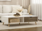 Coffee Table, Modern Tea Table with Open Storage Shelves, Two Drawers and Solid Wood Legs, Coffee T3398P342433