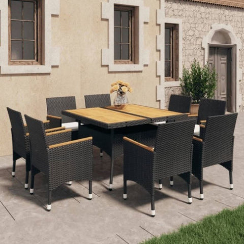 9 Piece Garden Dining Set Poly Rattan and Solid Wood Black 3095899