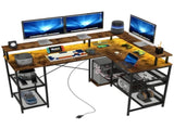LED Light 'L' Computer Desk, with Shelves - Brown T3398P344502