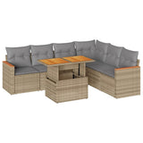 7 Piece Garden Sofa Set with Cushions Beige Poly Rattan Acacia 3327496