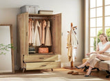 2 Door Wardrobe, Modern Wardrobe with 2 Drawer and Hanging Rail for Bedroom, Natural T3398P378726