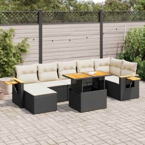 ZNTS 8 Piece Garden Sofa Set with Cushions Black Poly Rattan Acacia 3327626