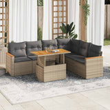 7 Piece Garden Sofa Set with Cushions Beige Poly Rattan Acacia 3327496