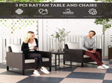 3 Pieces Rattan Bistro Set with 4 Cushions, Wicker Garden Furniture Set, Glass Top Coffee Table and T3398P327935