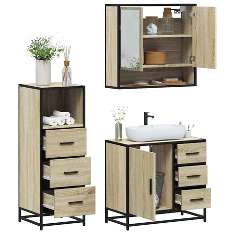 ZNTS 3 Piece Bathroom Furniture Set Sonoma Oak Engineered Wood 3301046