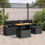 ZNTS 6 Piece Garden Sofa Set with Cushions Black Poly Rattan Acacia 3327471