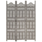 ZNTS Hand carved 3-Panel Room Divider Grey 120x165 cm Solid Mango Wood 285321