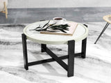 Round Small Garden Table, 60cm Outdoor Side Table with Faux Marble Tempered Glass Top, Aluminium T3398P377591