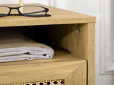 Bedside Table with Rattan Element, Side End Table with Shelf and Cupboard, 39cmx35cmx60cm, Set of 2, T3398P330465