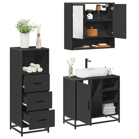 ZNTS 3 Piece Bathroom Furniture Set Black Engineered Wood 3301055