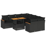 9 Piece Garden Sofa Set with Cushions Black Poly Rattan Acacia 3327464