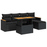 6 Piece Garden Sofa Set with Cushions Black Poly Rattan Acacia 3327471