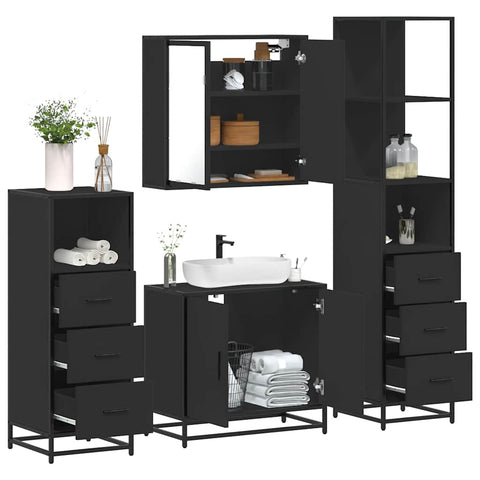 ZNTS 4 Piece Bathroom Furniture Set Black Engineered Wood 3301245