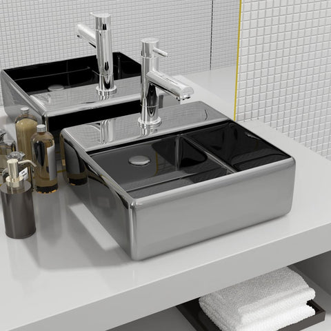 Wash Basin with Faucet Hole 38x30x11.5 cm Ceramic Silver 143487