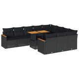 11 Piece Garden Sofa Set with Cushions Black Poly Rattan Acacia 3327534