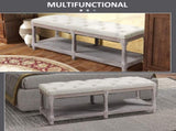 2-Tier Bed End Bench, Vintage Stool, Wooden Window Seat with Storage Shelf, Button Tufted T3398P344378