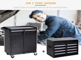 Tool Chest 2 in 1 Metal Tool Cabinet Storage Box with 5 Drawers Pegboard Wheels 60x28x104.5cm Black T3398P344507