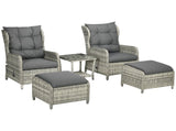 5 Pieces PE Rattan Sun Lounger Set, Outdoor Half-round Wicker Recliner Sofa Bed with Glass Top T3398P314148