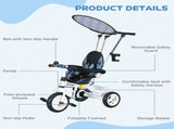 6 in 1 Tricycle for Kids with 5-point harness straps, Removable Canopy, Blue T3398P348137