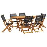 ZNTS 7 Piece Garden Dining Set Black Poly Rattan and Solid Wood 3281706