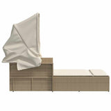 Double Sun Lounger with Canopy and Cushions Beige Poly Rattan 365810