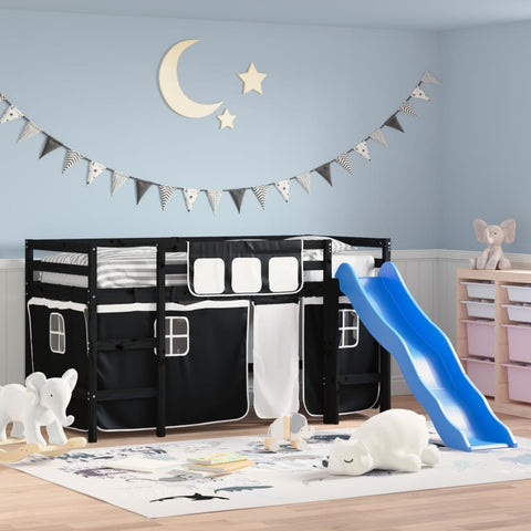 ZNTS Kids' Loft Bed with Curtains without Mattress White&Black 90x190cm 3207033