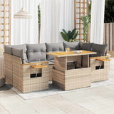 7 Piece Garden Sofa Set with Cushions Beige Poly Rattan Acacia 3327566