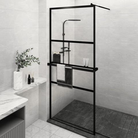 ZNTS Walk-in Shower Wall with Shelf Black 90x195 cm ESG Glass&Aluminium 3185459