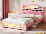3ft Single Upholstered Velvet Bed Frame, LED Bed Frame with Charging Station & Diamond Tufted N652P399022P