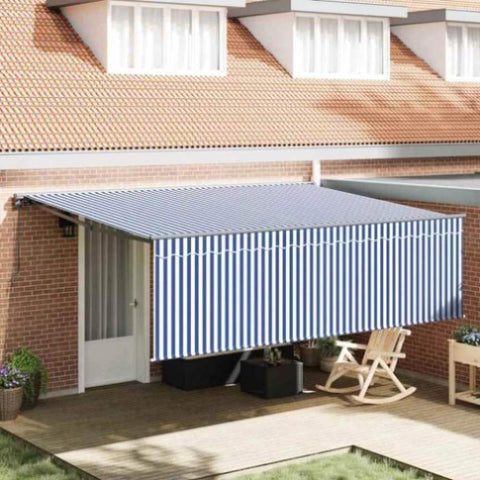 Retractable Awning Manual Blue and white 450 x 300 cm Fabric 3330853