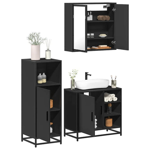 ZNTS 3 Piece Bathroom Furniture Set Black Engineered Wood 3300965