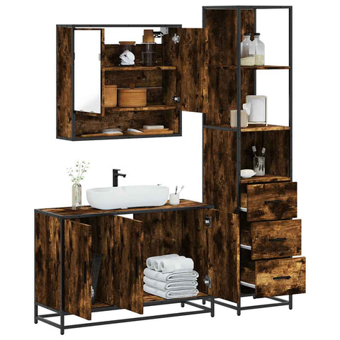 ZNTS 3 Piece Bathroom Furniture Set Smoked Oak Engineered Wood 3301162