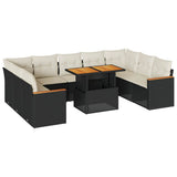 10 Piece Garden Sofa Set with Cushions Black Poly Rattan Acacia 3327528