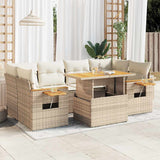 7 Piece Garden Sofa Set with Cushions Beige Poly Rattan Acacia 3327565