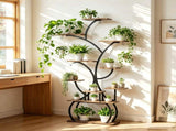 Tree-shaped Plant Stand with 4 Grow Lights, Black Iron Tube & Weathered Wood MDF, With Wheels, 26624629