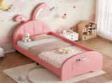 3ft Single Rabbit-Shaped Upholstered Bed Frame, Bunny Ear Headboard & Footboard Storage Pocket, Soft N652P412013P