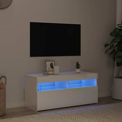 TV Cabinet with LED Lights High Gloss White 90x35x40 cm 804388