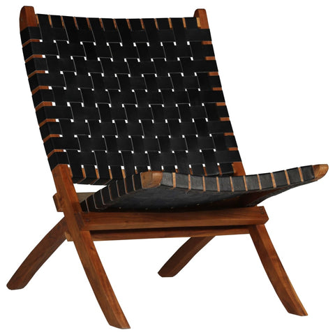 Folding Chair Crossed-Stripe Black Real Leather 246366