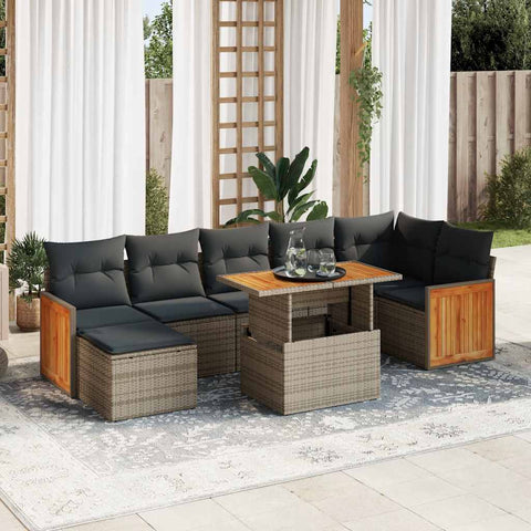 8 Piece Garden Sofa Set with Cushions Grey Poly Rattan Acacia 3327742