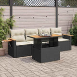 5 Piece Garden Sofa Set with Cushions Black Poly Rattan Acacia 3327542