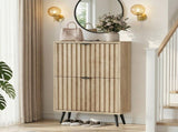60cm-wide freestanding shoe cabinet featuring a natural oak wood grain finish and Mid-Century Modern W6296P537659