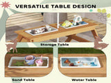 Kids Picnic Table, Sand and Water Table with Wooden Benches, Adjustable Parasol and Storage Bins, T3398P348570