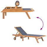 Folding Sun Lounger with Wheels Solid Teak and Textilene 44668