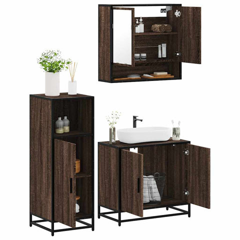 ZNTS 3 Piece Bathroom Furniture Set Brown Oak Engineered Wood 3300979