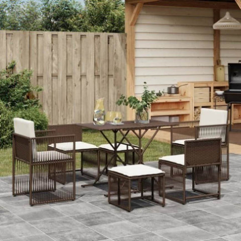 ZNTS 7 Piece Garden Dining Set with Cushions Brown Poly Rattan 369010