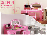 Kids Vanity Table and Chair Set, Girls Dressing Table with 2-Colour LED Mirror, Stool, Cabinet, T3398P422153