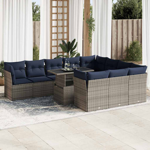 ZNTS 11 Piece Garden Sofa Set with Cushions Grey Poly Rattan Acacia 3326232