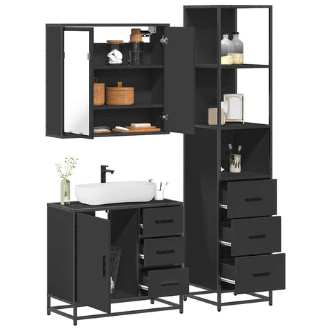 ZNTS 3 Piece Bathroom Furniture Set Black Engineered Wood 3301135