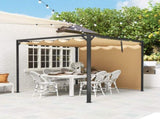 3 x 3m Aluminium Pergola, with Retractable Roof and Wall - Khaki T3398P320019